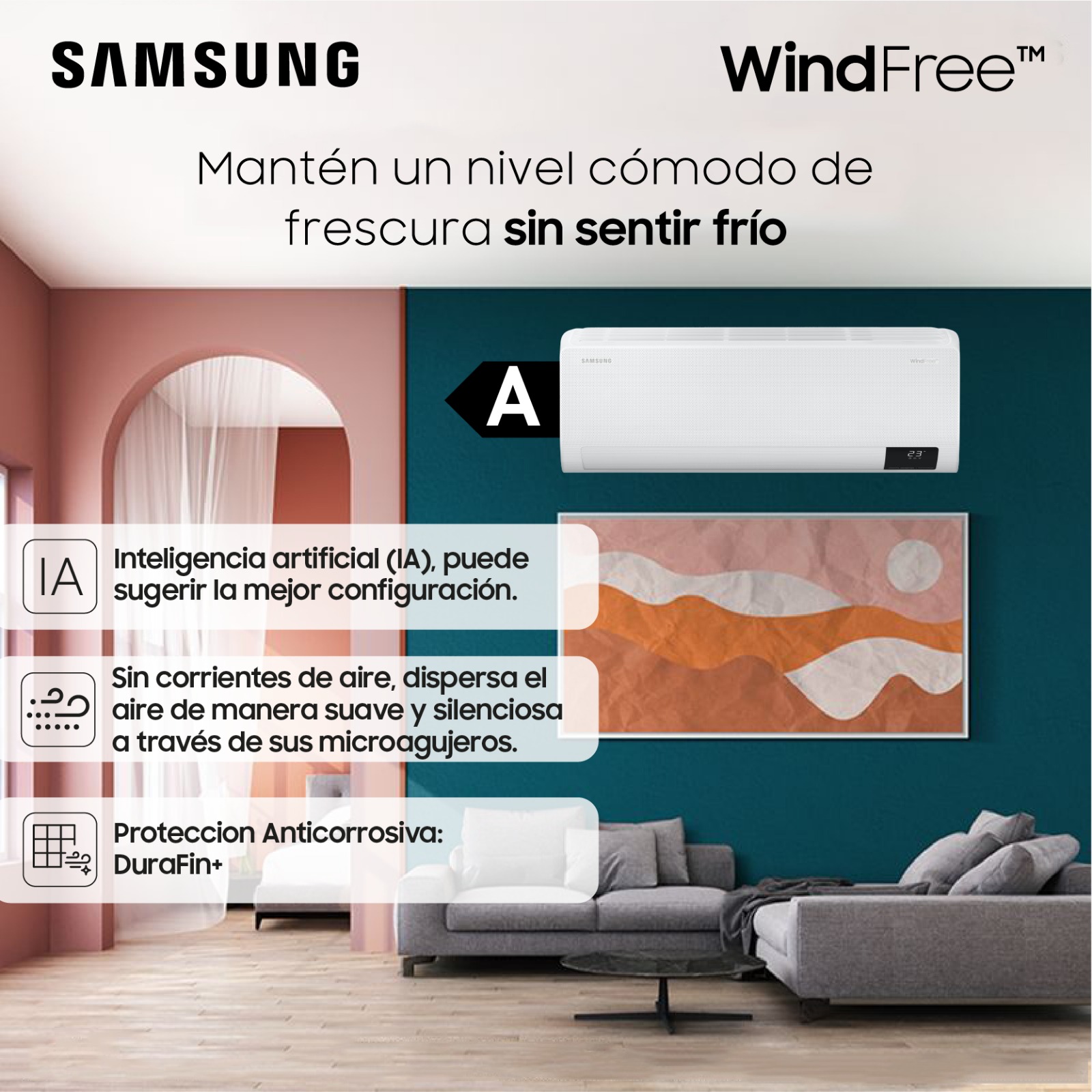Aire acondicionado Samsung WindFree con control de temperatura y eficiencia energética
